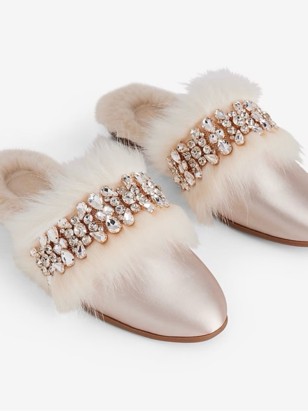 NEW EXPRESS Women US L (9) Sandshell Satin Faux Fur Embellished Slipper Mule